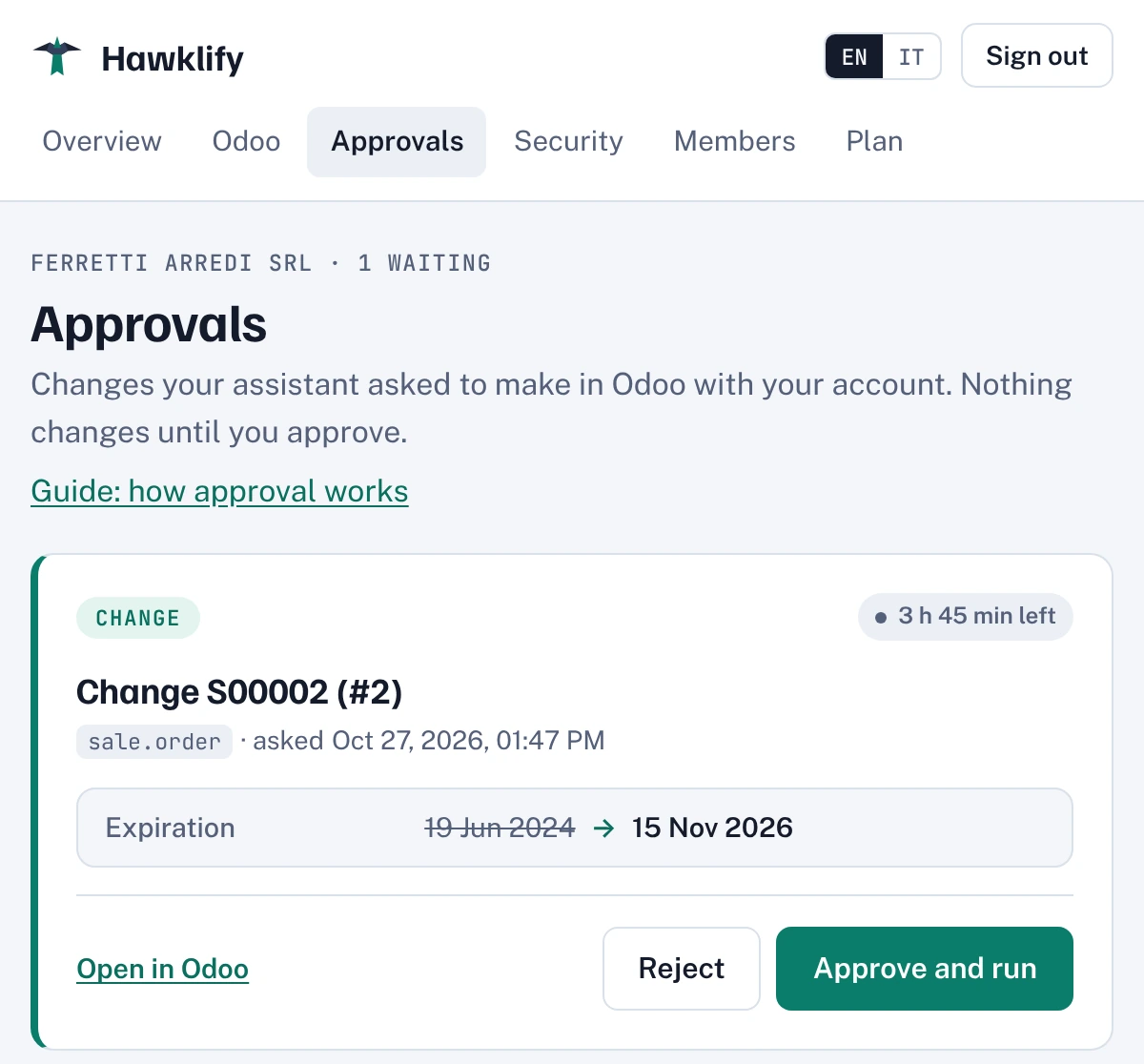 The Approvals page with one change waiting: the expiry date of a quotation