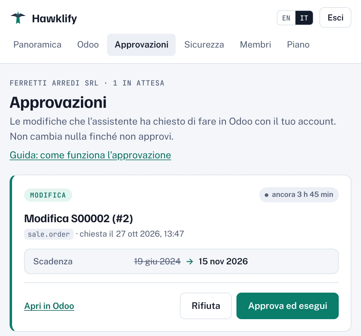 La pagina Approvazioni con una modifica in attesa: la scadenza di un preventivo