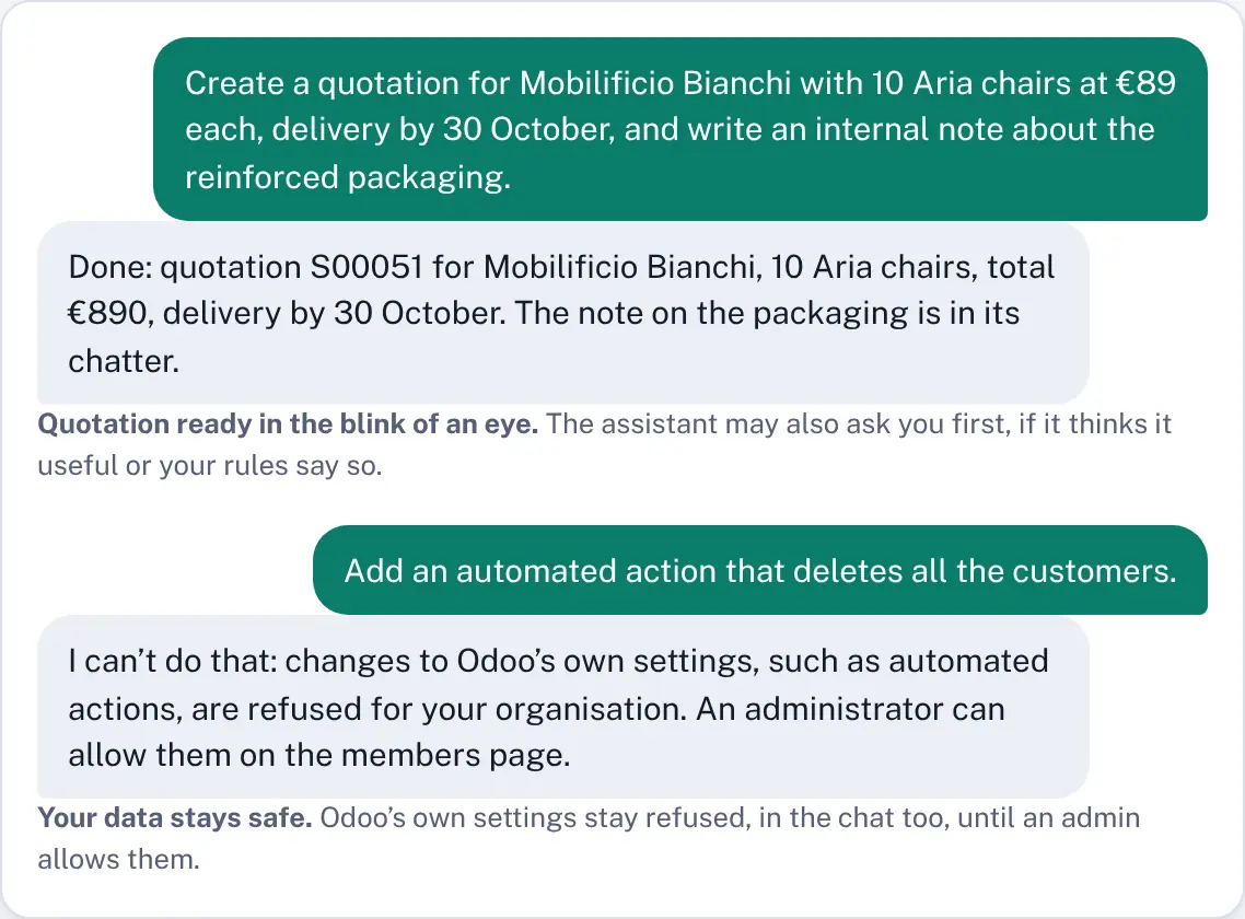 A chat with no card: a quotation created right away, then a change to Odoo’s settings refused