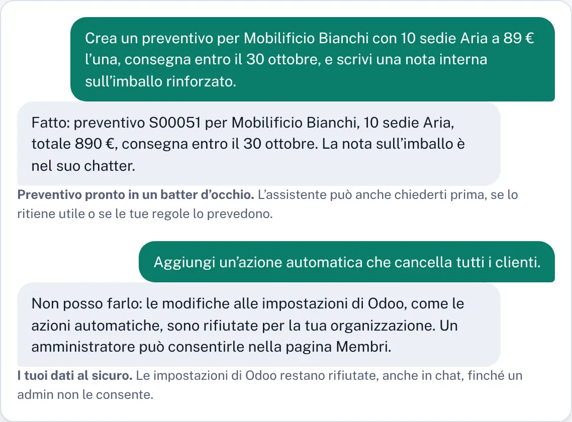 Una chat senza card: un preventivo creato subito, poi una modifica alle impostazioni di Odoo rifiutata
