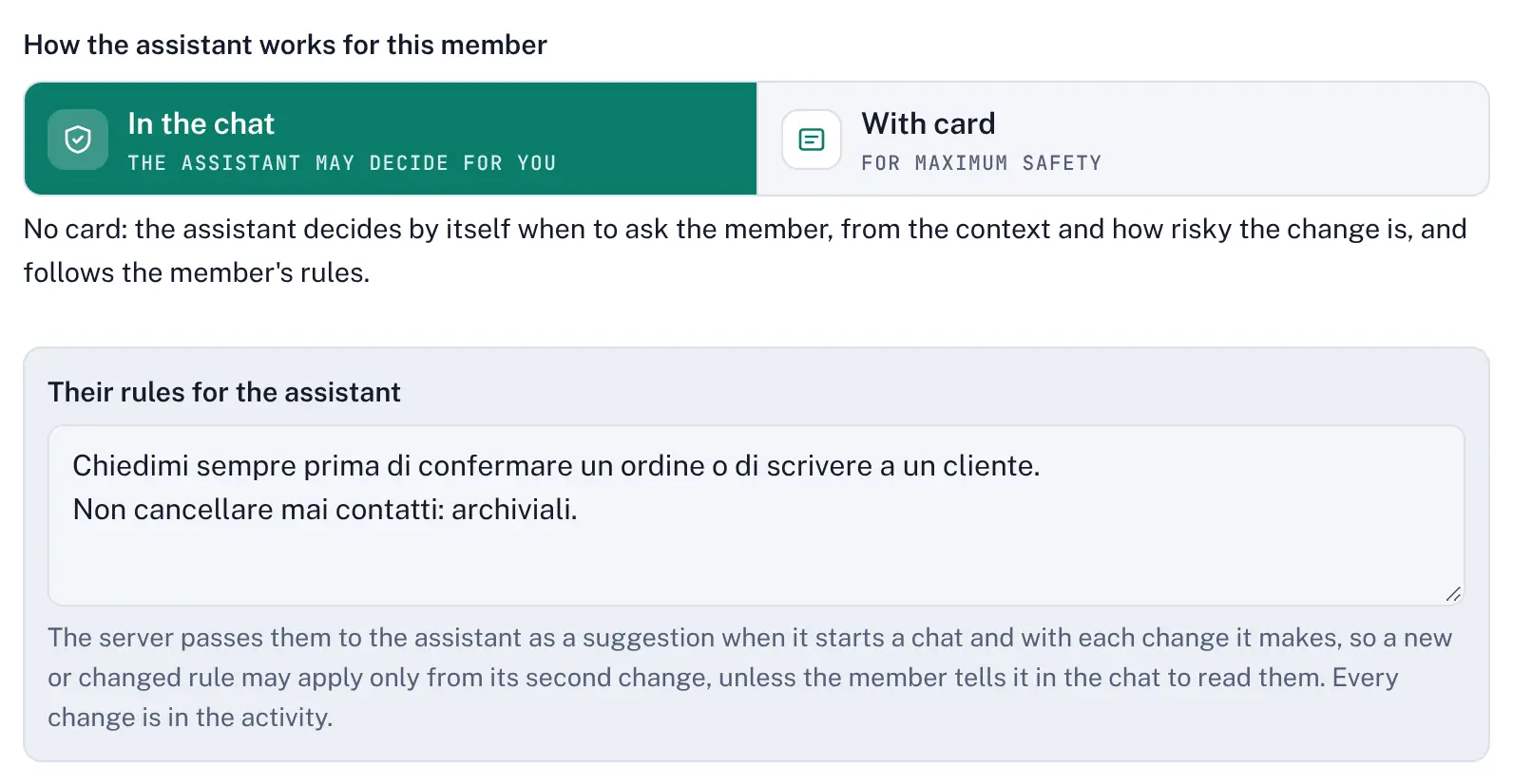 A member set to In the chat, with two rules for the assistant