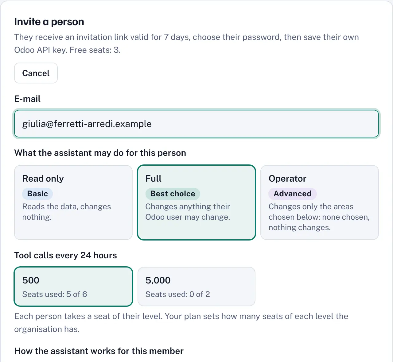 The invitation form: email, role, calls and way of working