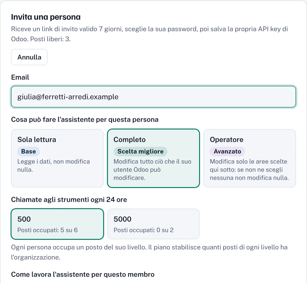 Il modulo di invito: email, ruolo, chiamate e modo di lavorare