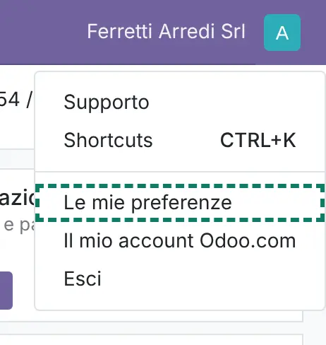 Il menu utente di Odoo 19 con Le mie preferenze
