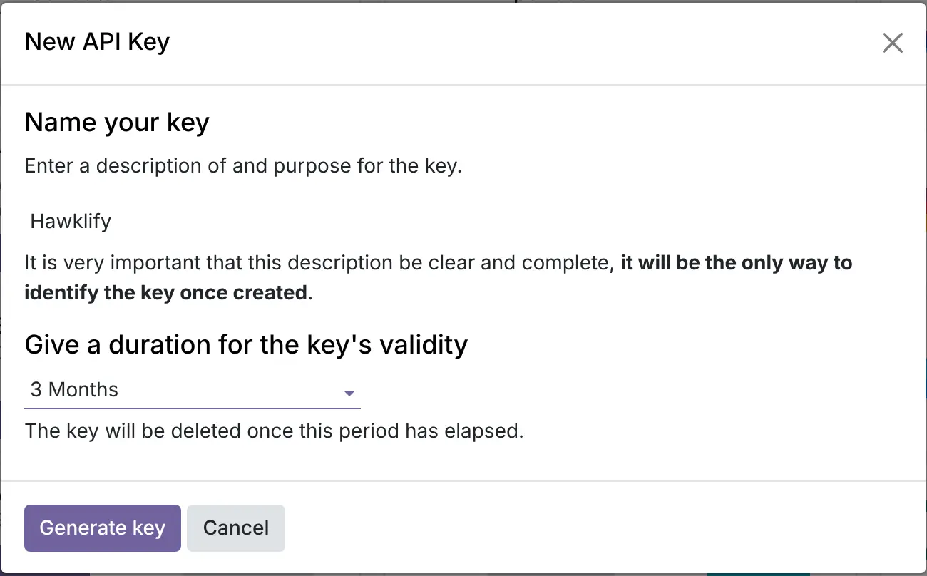 Odoo 19 dialog to name the key and choose its duration