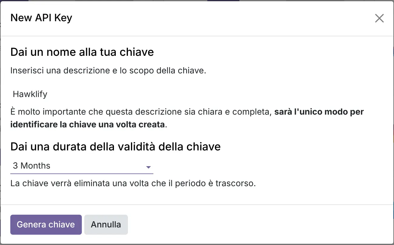 La finestra di Odoo 19 per dare un nome alla chiave e sceglierne la durata