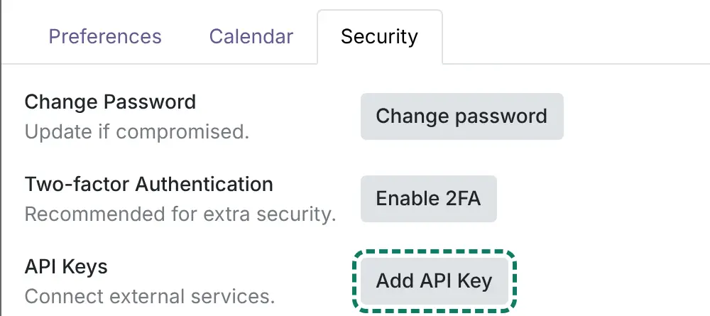 Odoo 19 Security tab with the Add API Key button
