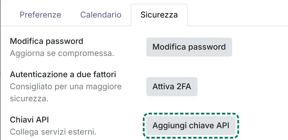 La scheda Sicurezza di Odoo 19 con il pulsante Aggiungi chiave API