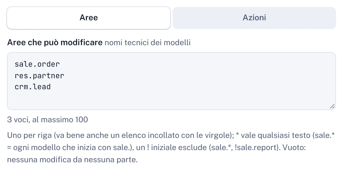 Le aree di un Operatore: sale.order, res.partner e crm.lead, una per riga