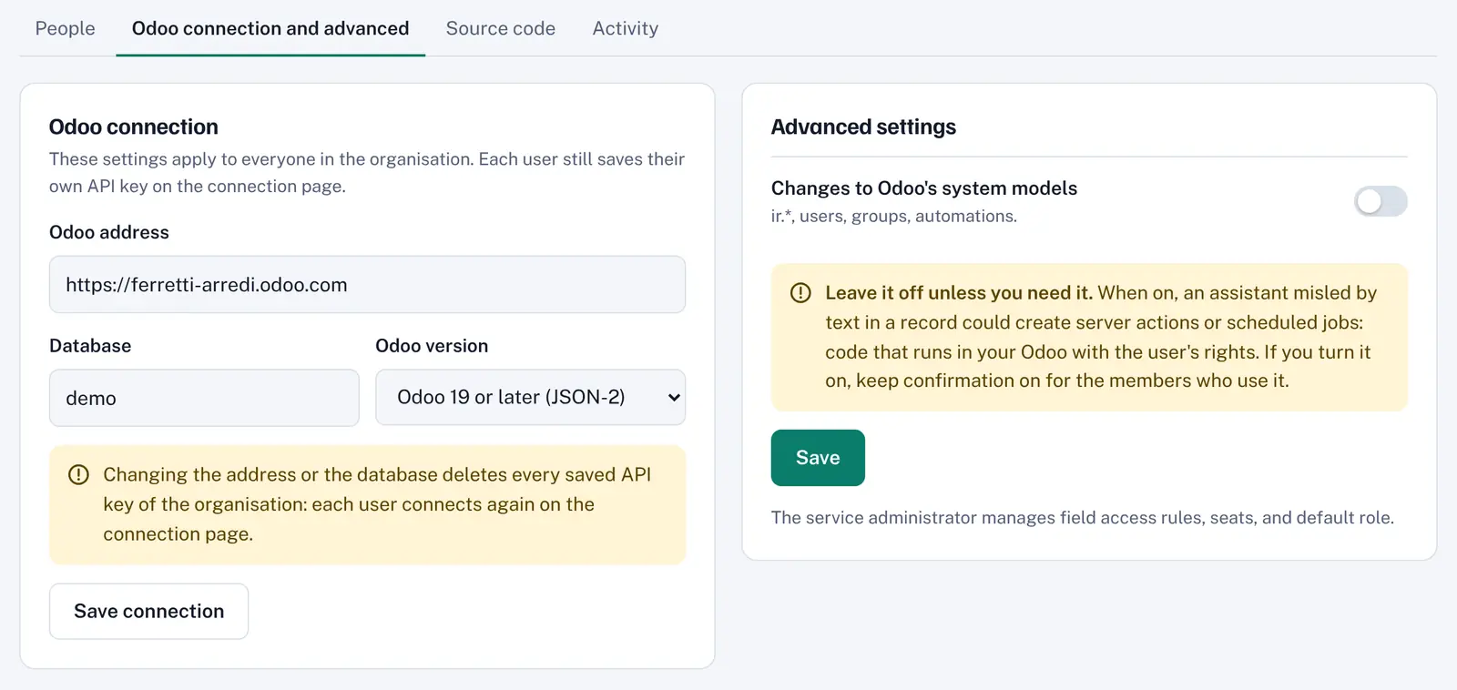 The Odoo connection and advanced settings tab