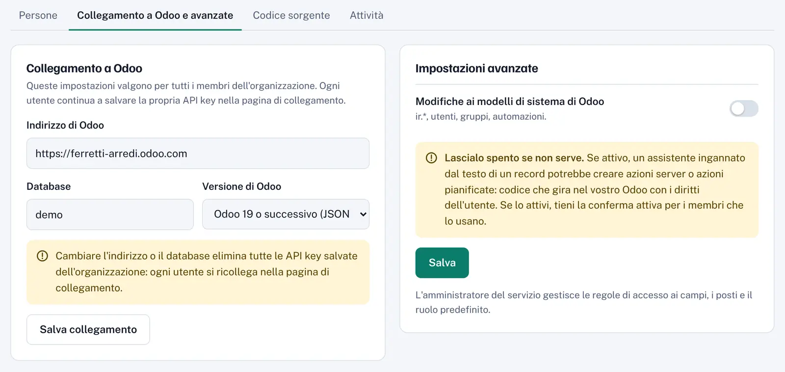 La scheda Collegamento a Odoo e impostazioni avanzate