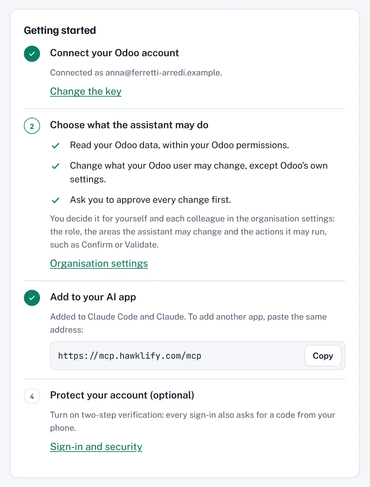 The Overview page: the steps to get started and the connector address with its Copy button