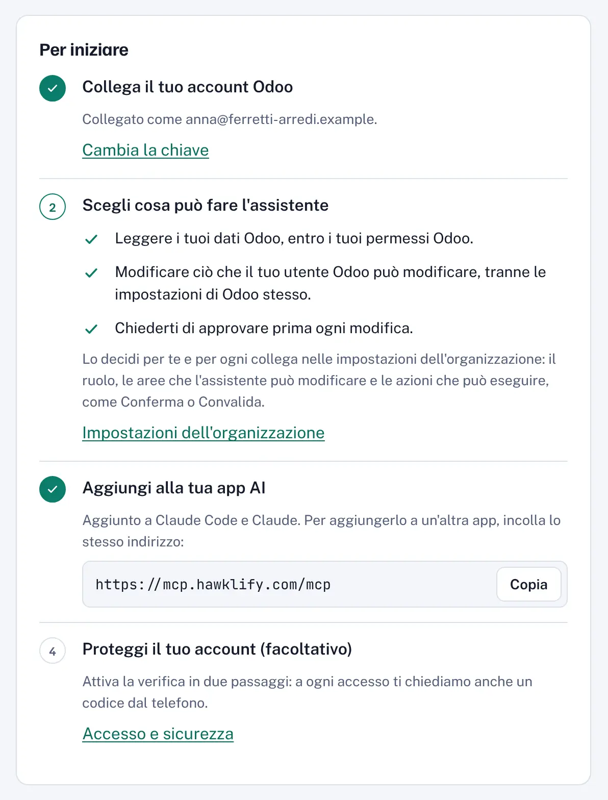 La pagina Panoramica: i passi per iniziare e l’indirizzo del connettore con il pulsante Copia