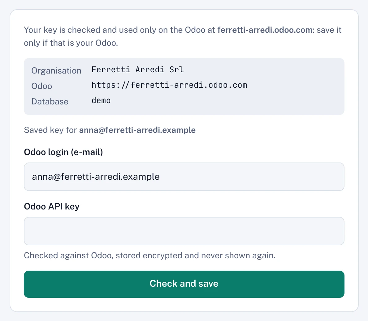The Odoo page: your Odoo login and the API key