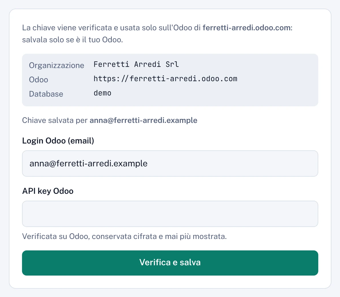 La pagina Odoo: il login Odoo e la chiave API